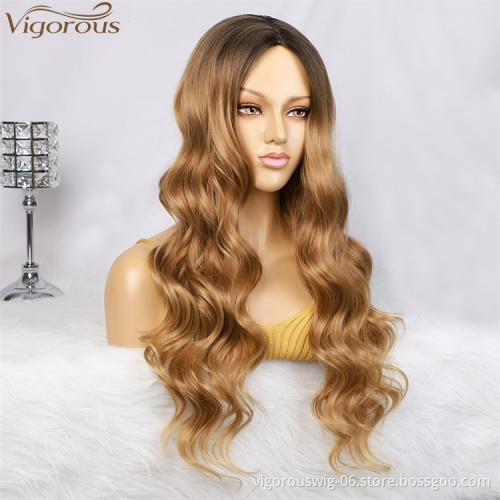 Vigorous Top Quality Cheap Long Ombre Black To Brown Wavy Wigs Middle Part High Temperature Synthetic Wigs For Black Women